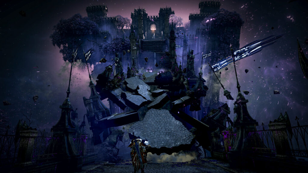 Lost Ark - castillo en ruinas flotante bajo un cielo purpura - Juegosrpg.com