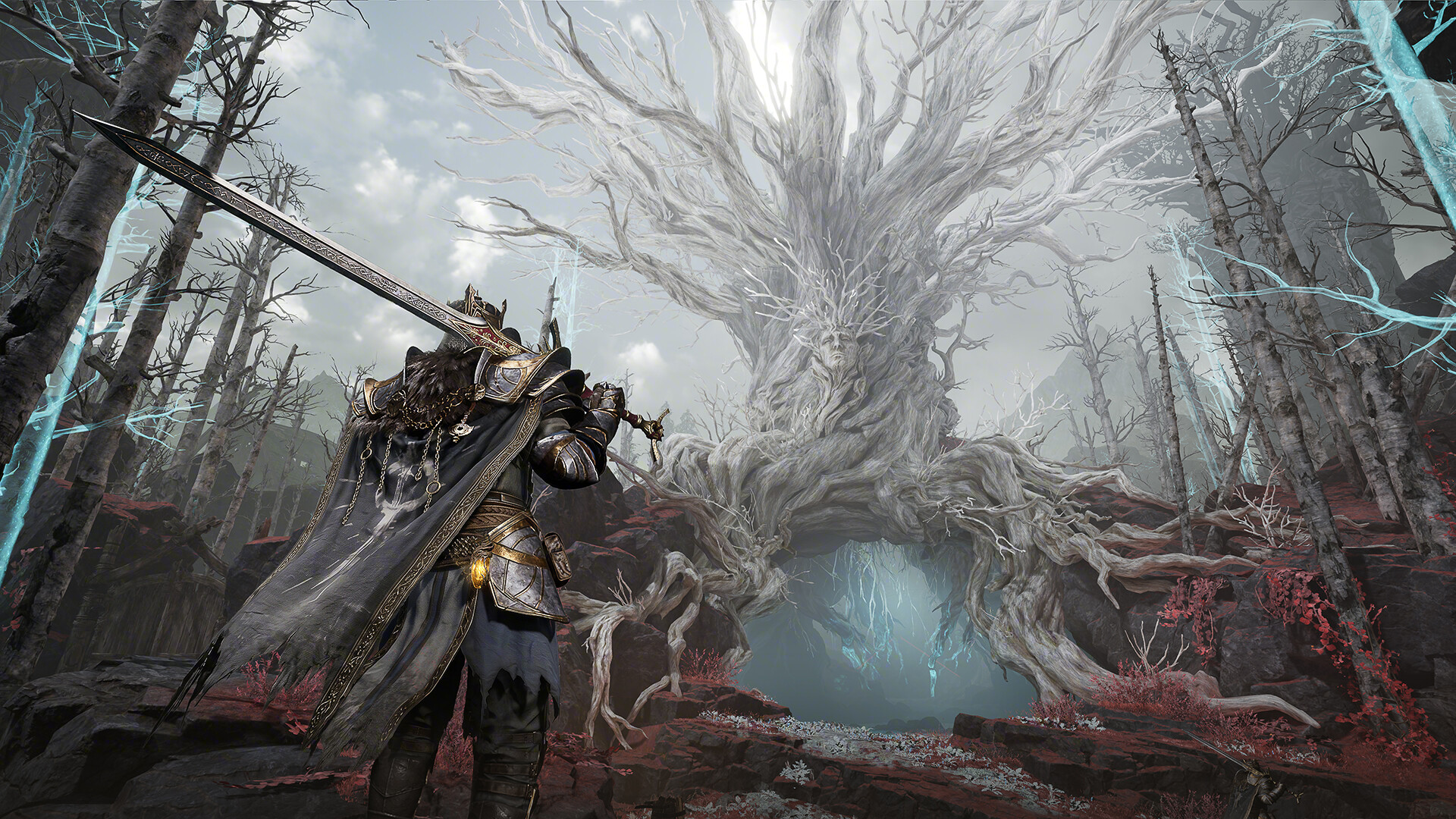 Mistfall Hunter - Cazador frente a un arbol deidad en un bosque brumoso - Juegosrpg.com