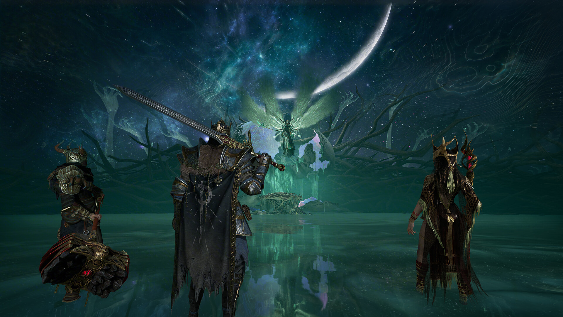 Mistfall Hunter - Grupo de jugadores frente a una criatura colosal nocturna - Juegosrpg.com