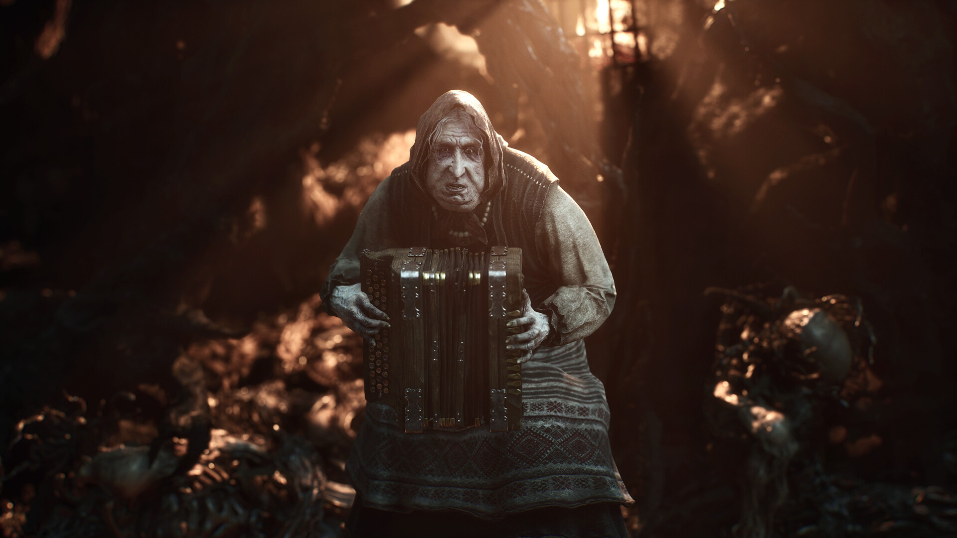 Mortal Shell 2 - Enemigo grotesco con acordeon en una zona en penumbra - Juegosrpg.com