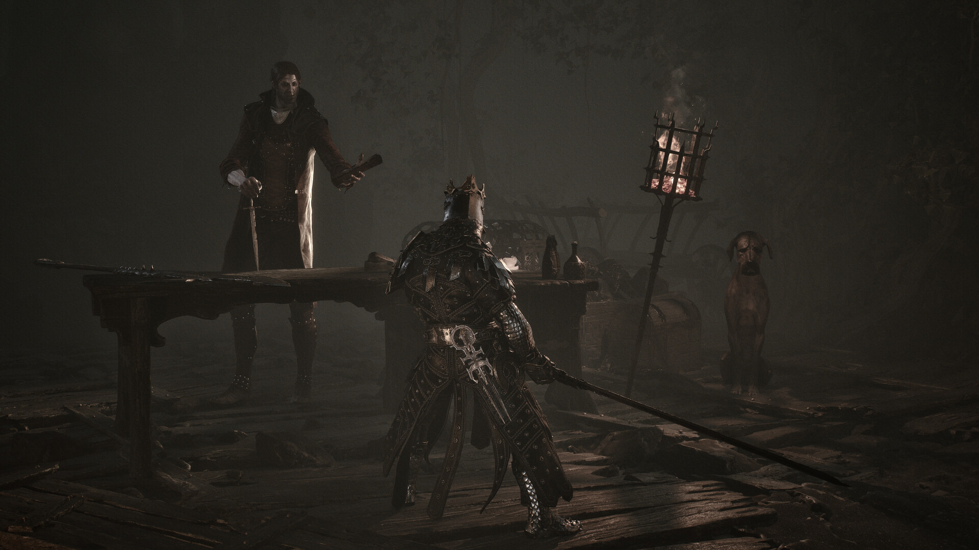 Mortal Shell 2 - El Heraldo hablando con un mercader en Fuertuetano - Juegosrpg.com