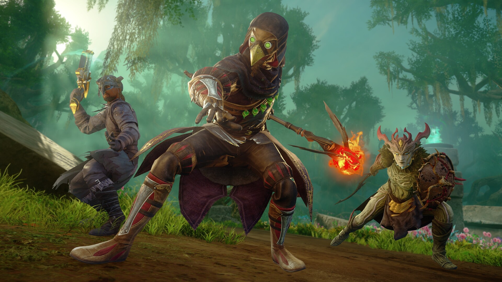 New World Aeternum - Grupo de aventureros enfrentándose a enemigos en un bosque - Juegosrpg.com