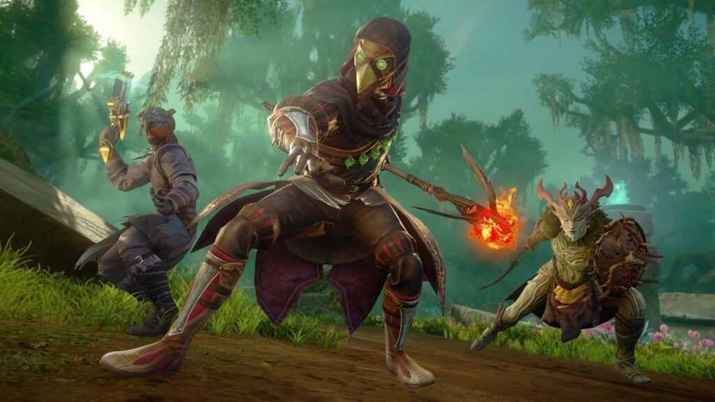 New World: Aeternum - Grupo de personajes en combate contra enemigos encapuchados en un pantano - Juegosrpg.com