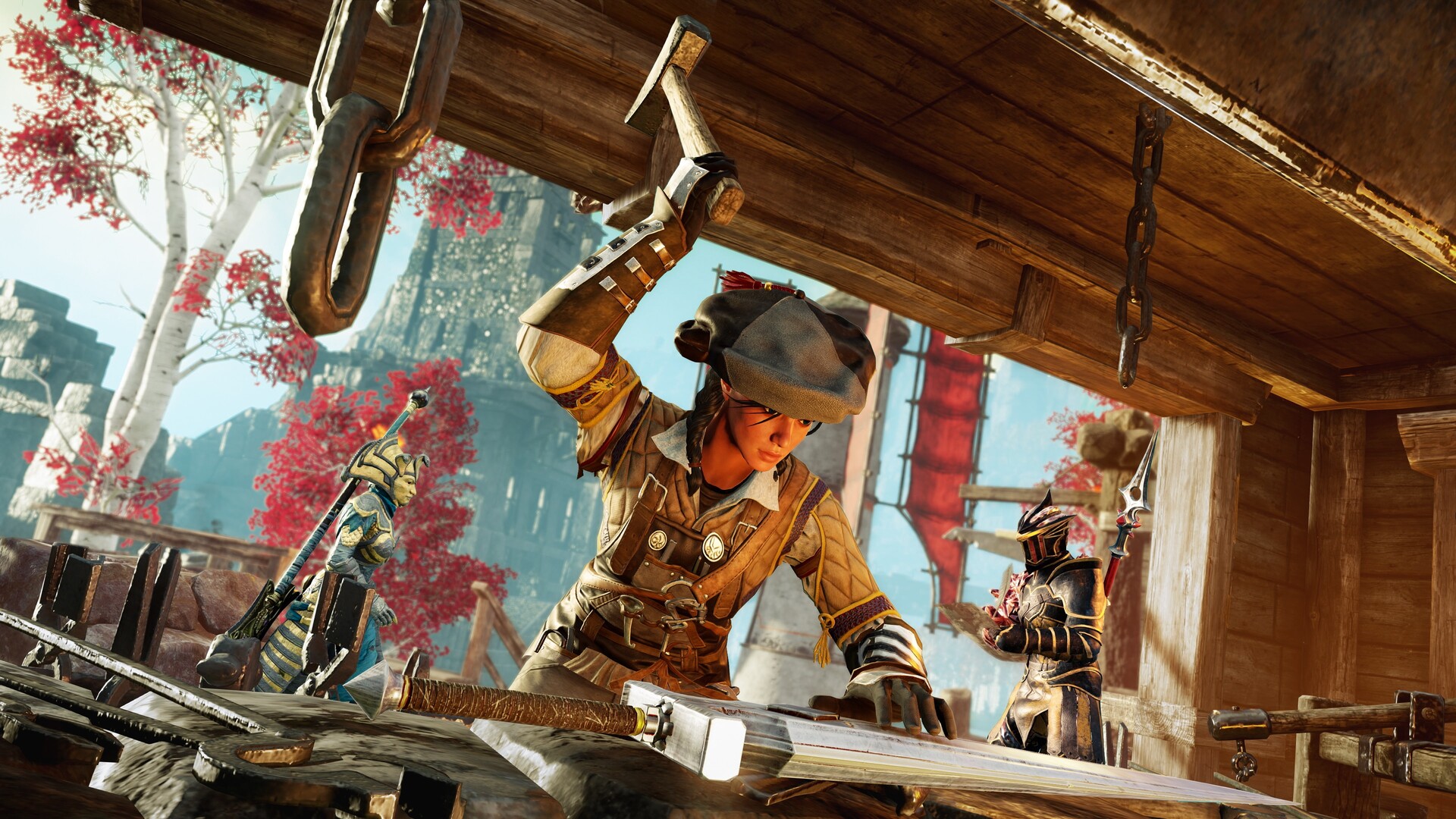 New World: Aeternum - Personaje forjando un arma en una estación de herrería - Juegosrpg.com