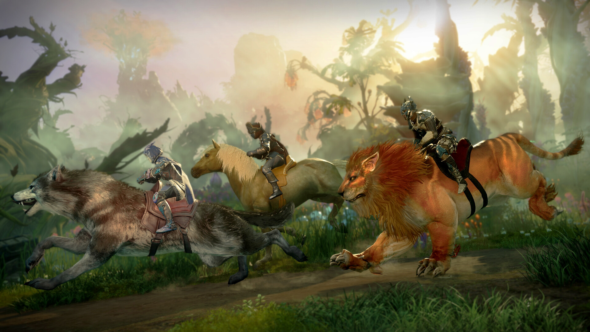 New World: Aeternum - Jinetes montando un lobo, un caballo y un león corriendo por la naturaleza - Juegosrpg.com