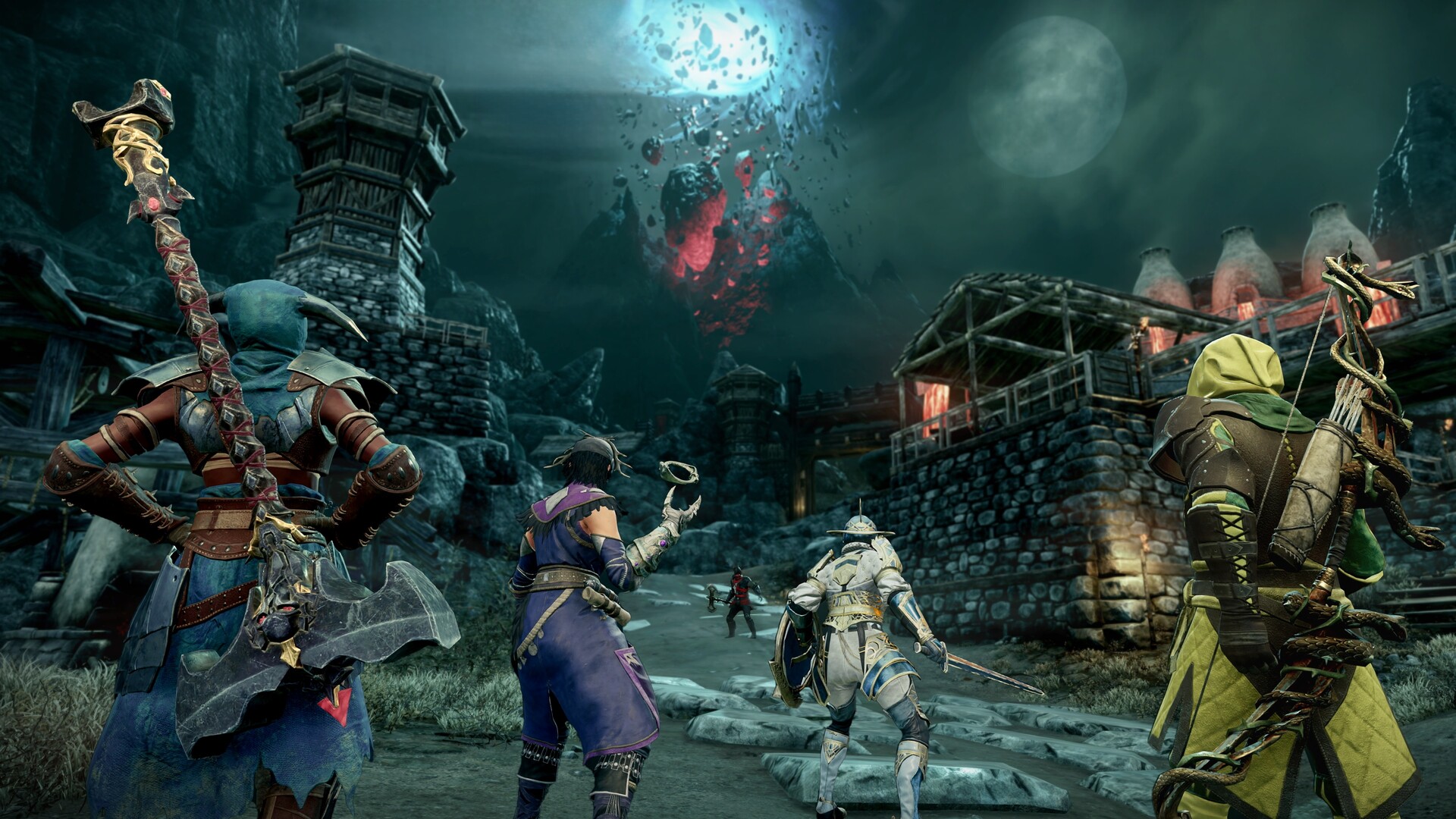 New World: Aeternum - Grupo de aventureros explorando el asentamiento nocturno de Nighthaven bajo una luna partida - Juegosrpg.com