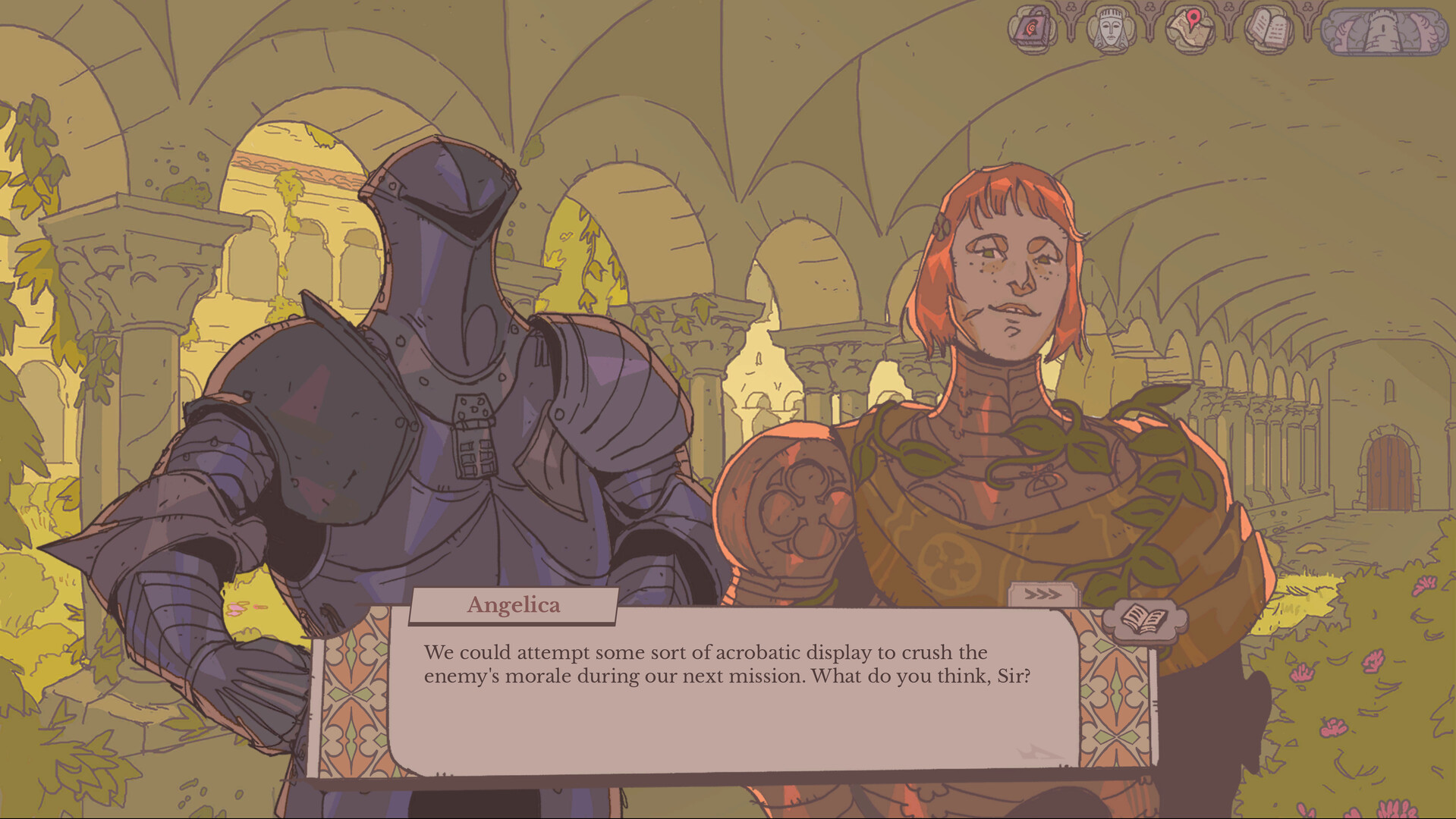 Sovereign Tower - dos caballeros, entre ellos Angélica, planeando su próxima misión - Juegosrpg.com