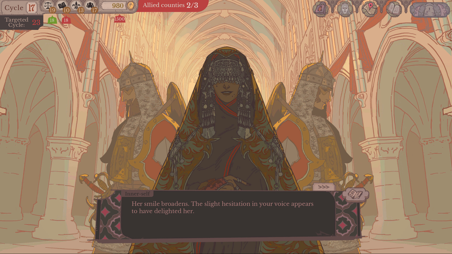 Sovereign Tower - escena de negociación con una noble de un condado aliado - Juegosrpg.com