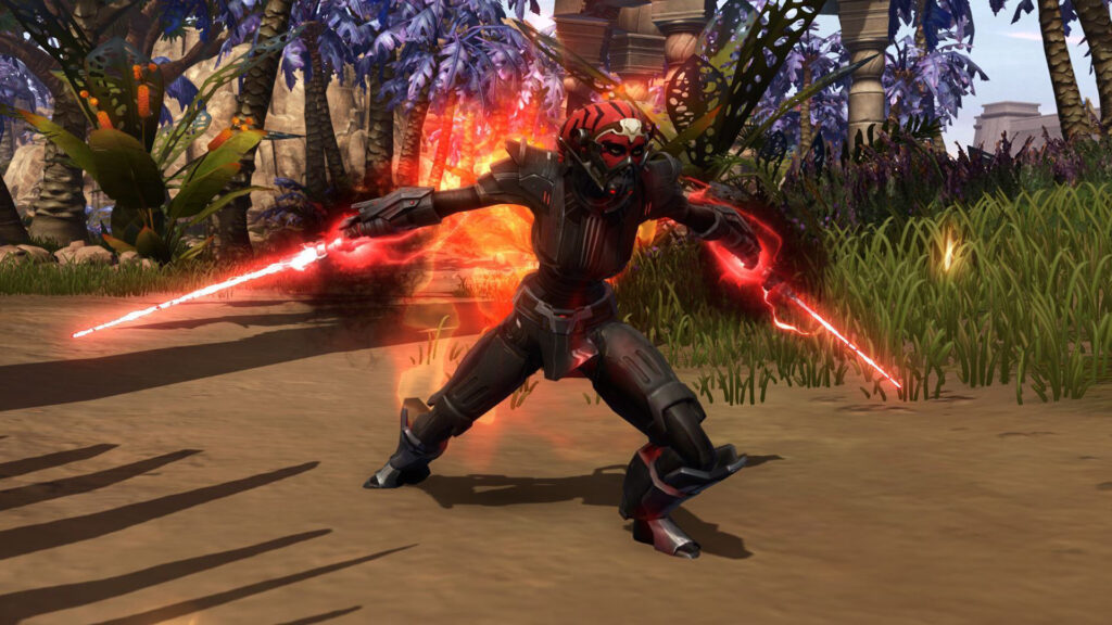 Star Wars: The Old Republic - combate con dos sables láser rojos en un duelo Sith - Juegosrpg.com