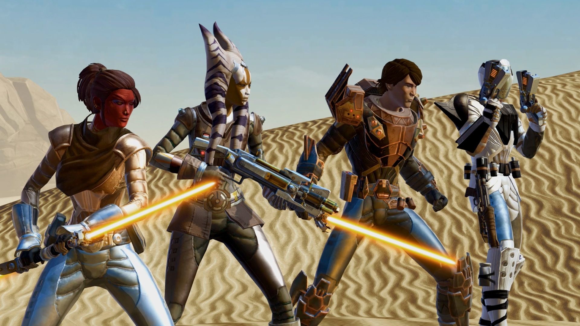 Star Wars: The Old Republic - grupo de aventureros armados en las dunas de Tatooine - Juegosrpg.com