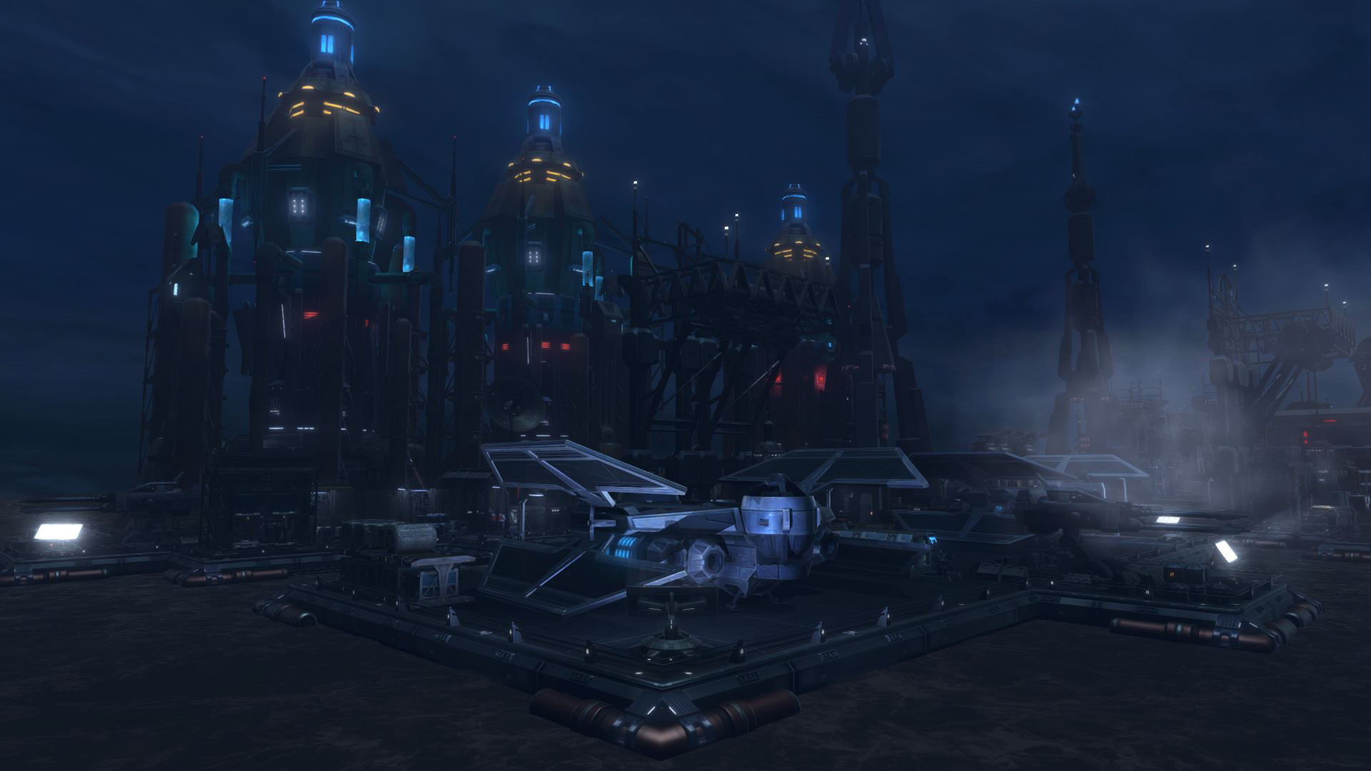 Star Wars: The Old Republic - vista nocturna de un puerto espacial imperial - Juegosrpg.com