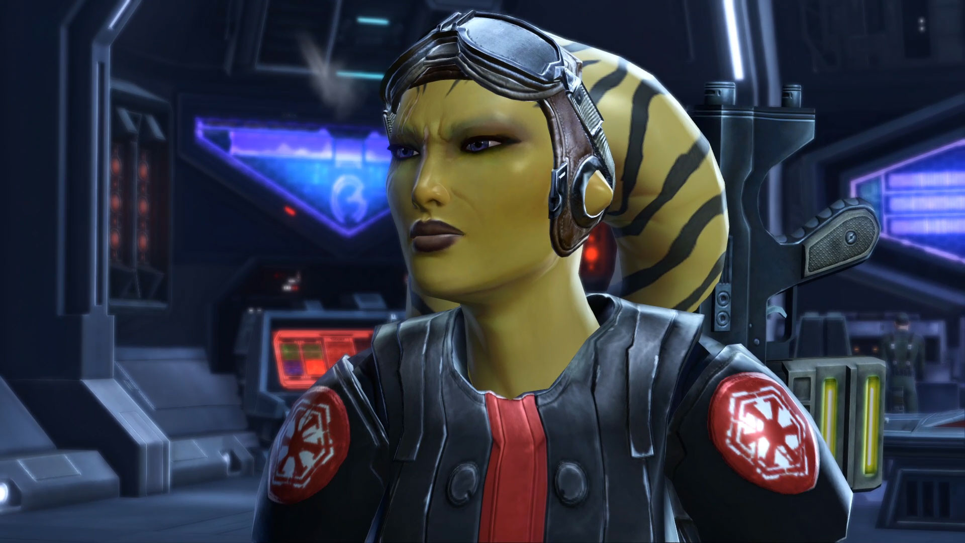Star Wars: The Old Republic - primer plano de una Twi'lek piloto del Imperio Sith - Juegosrpg.com