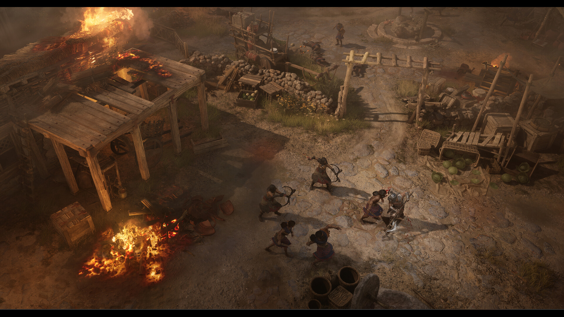 Titan Quest II - combate en una aldea en llamas contra arqueros enemigos - Juegosrpg.com