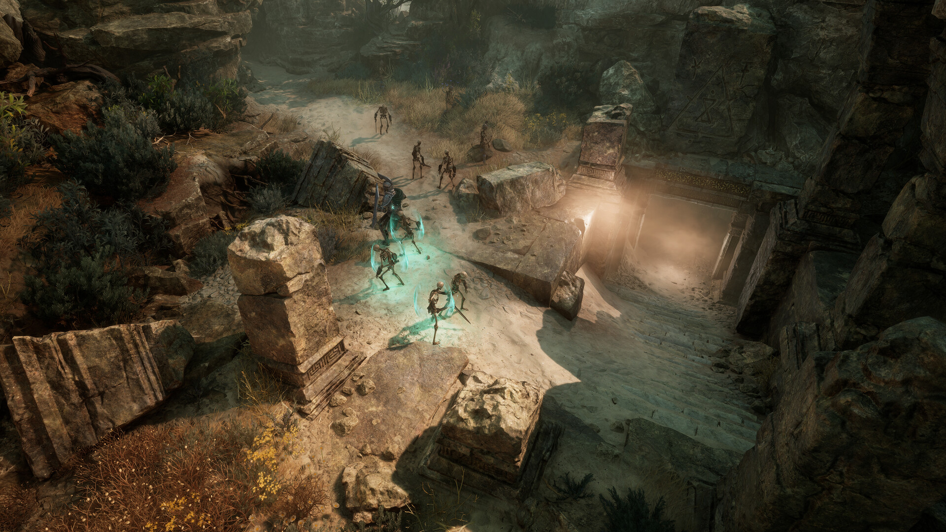 Titan Quest II - combate contra esqueletos en la entrada de una tumba - Juegosrpg.com