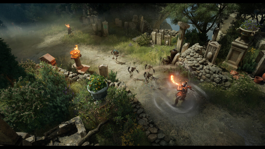 Titan Quest II - héroe usando una habilidad de fuego en área contra arácnidos esqueléticos - Juegosrpg.com