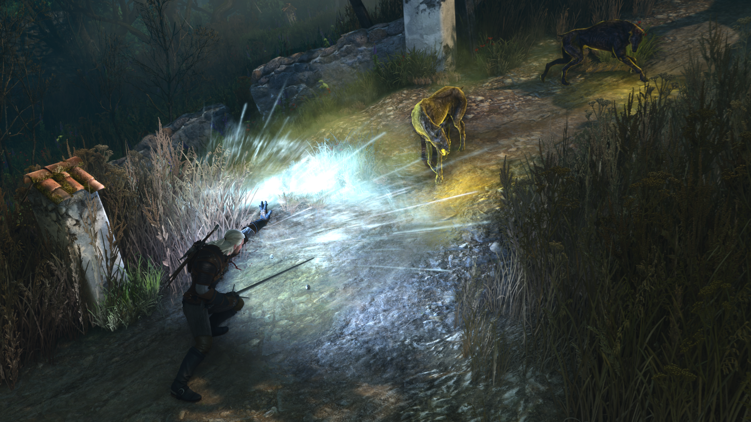 The Witcher 3: Wild Hunt - Songs of the Past - Geralt usando signos de brujo en combate - Juegosrpg.com
