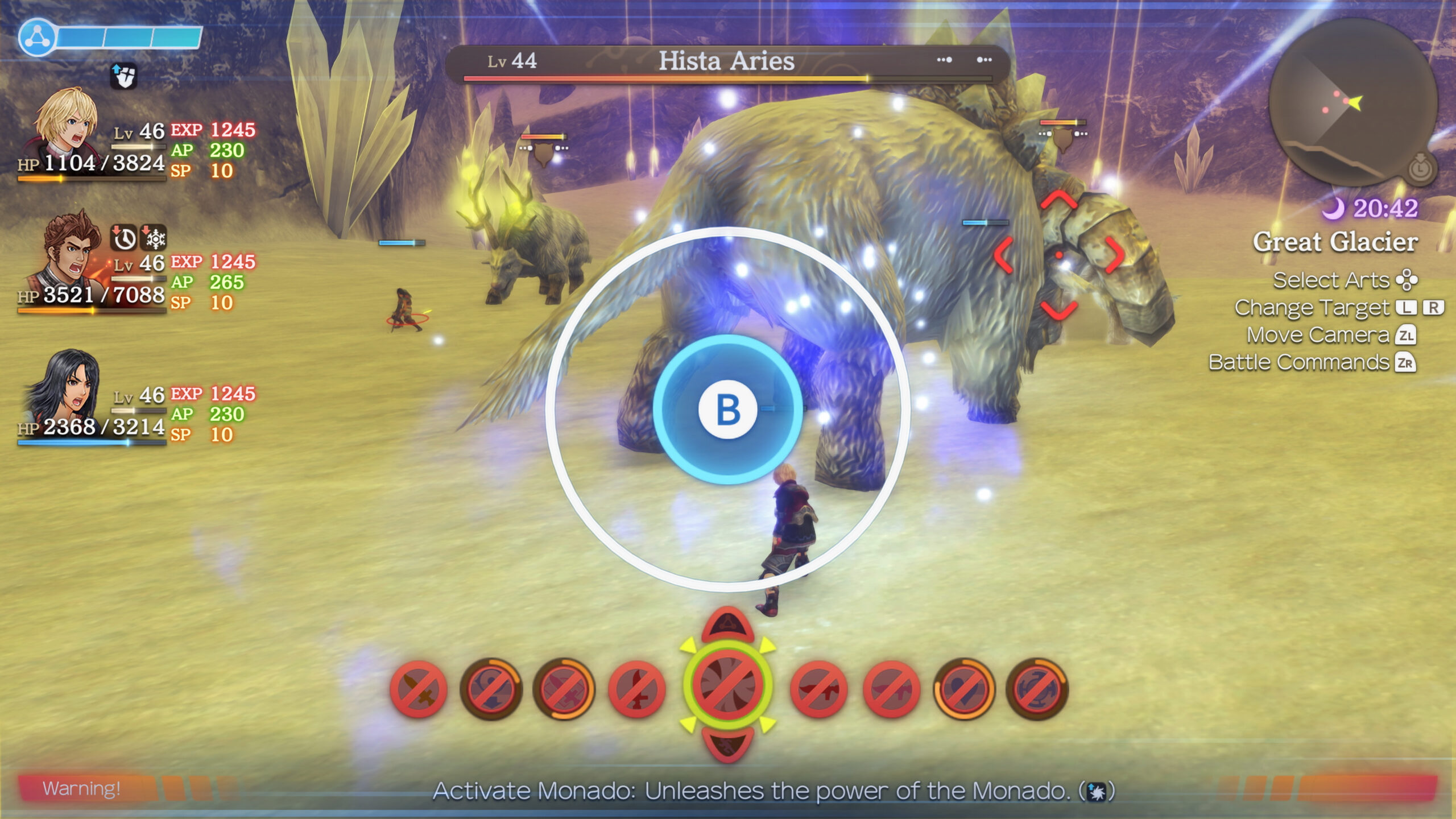 Xenoblade Chronicles Definitive Edition - combate contra un Hista Aries con el círculo de acción y la barra de artes - Juegosrpg.com