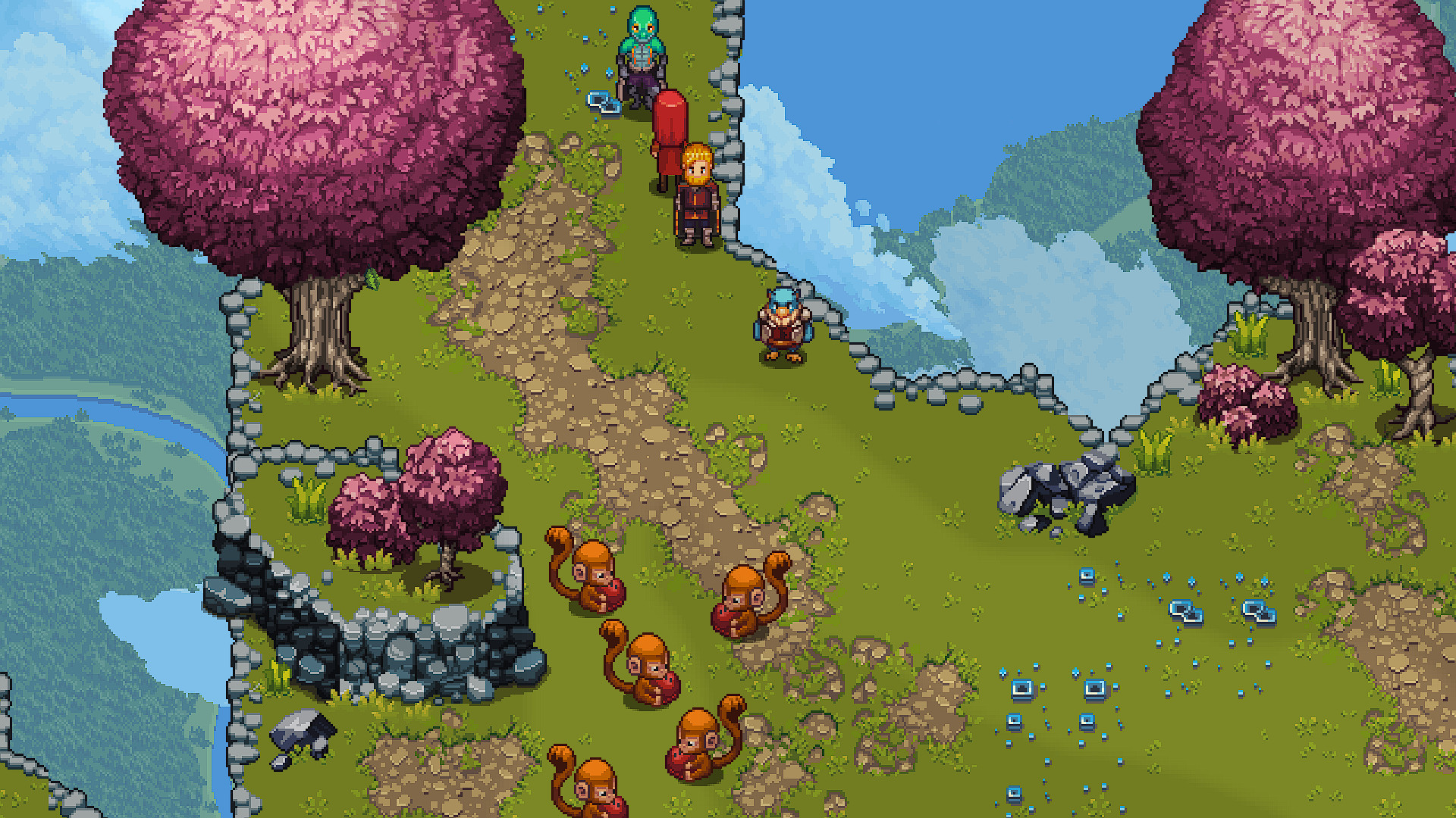 Chained Echoes - Exploración de una zona exterior con cerezos en flor - Juegosrpg.com