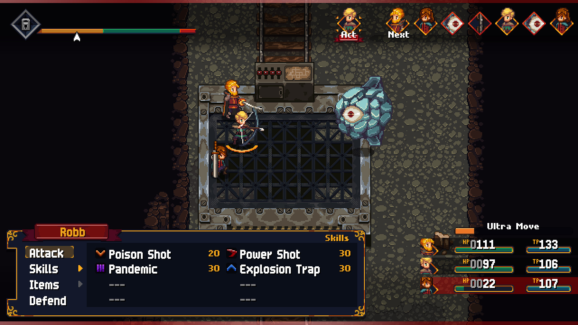 Chained Echoes - Interfaz de combate mostrando las habilidades de clase de un personaje - Juegosrpg.com