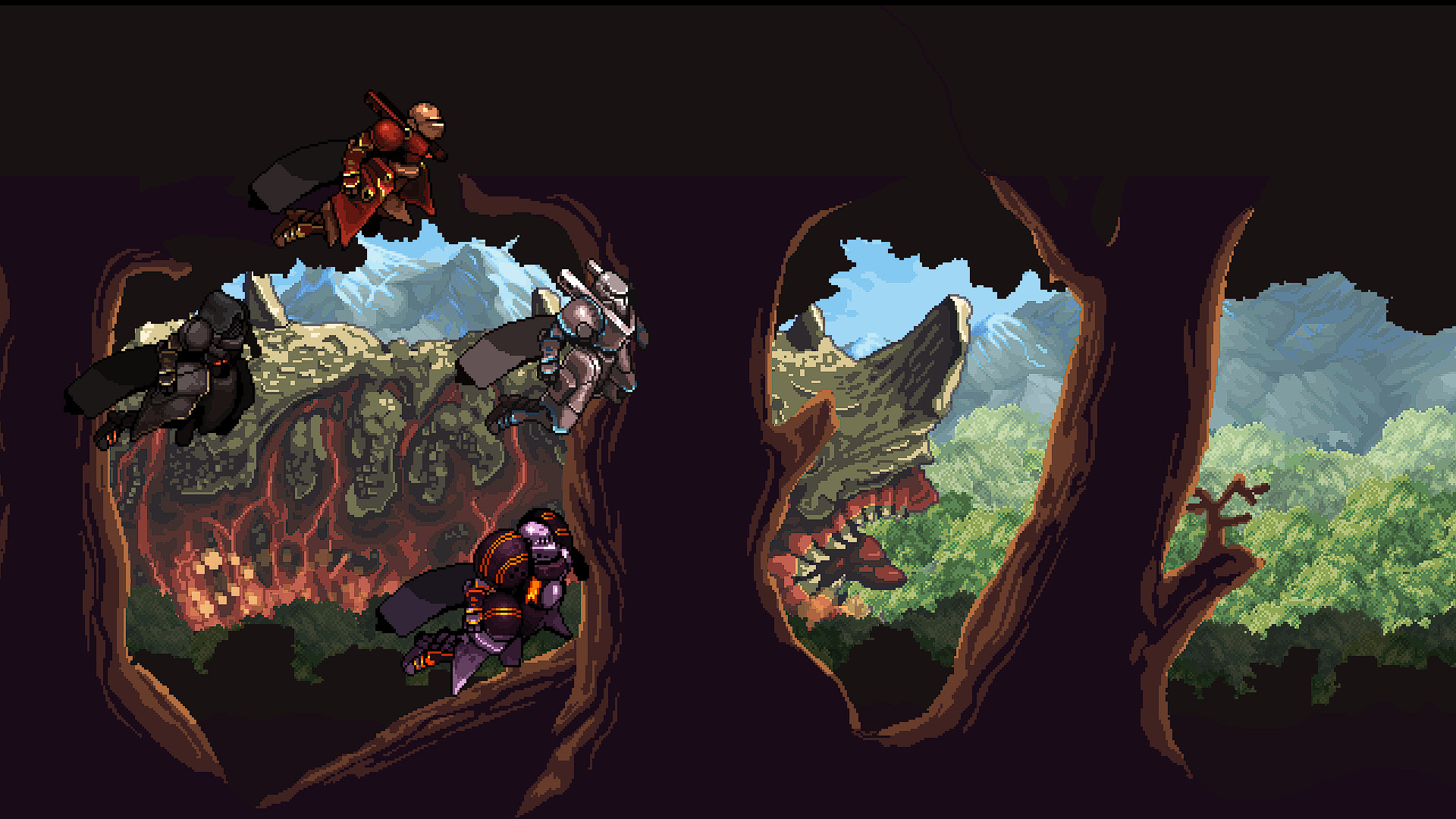 Chained Echoes - Grupo de personajes sobrevolando el mundo a bordo de sus mechs - Juegosrpg.com