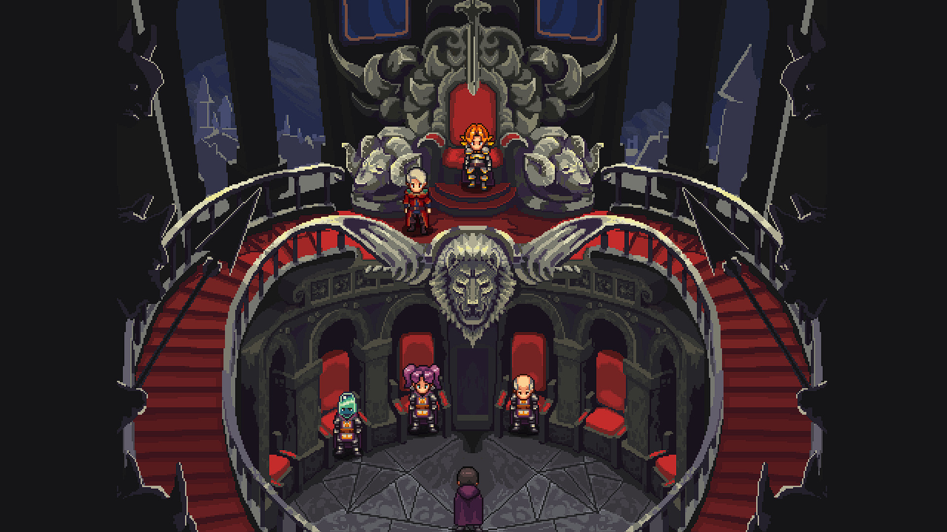 Chained Echoes - Sala del trono con varios personajes del grupo reunidos - Juegosrpg.com