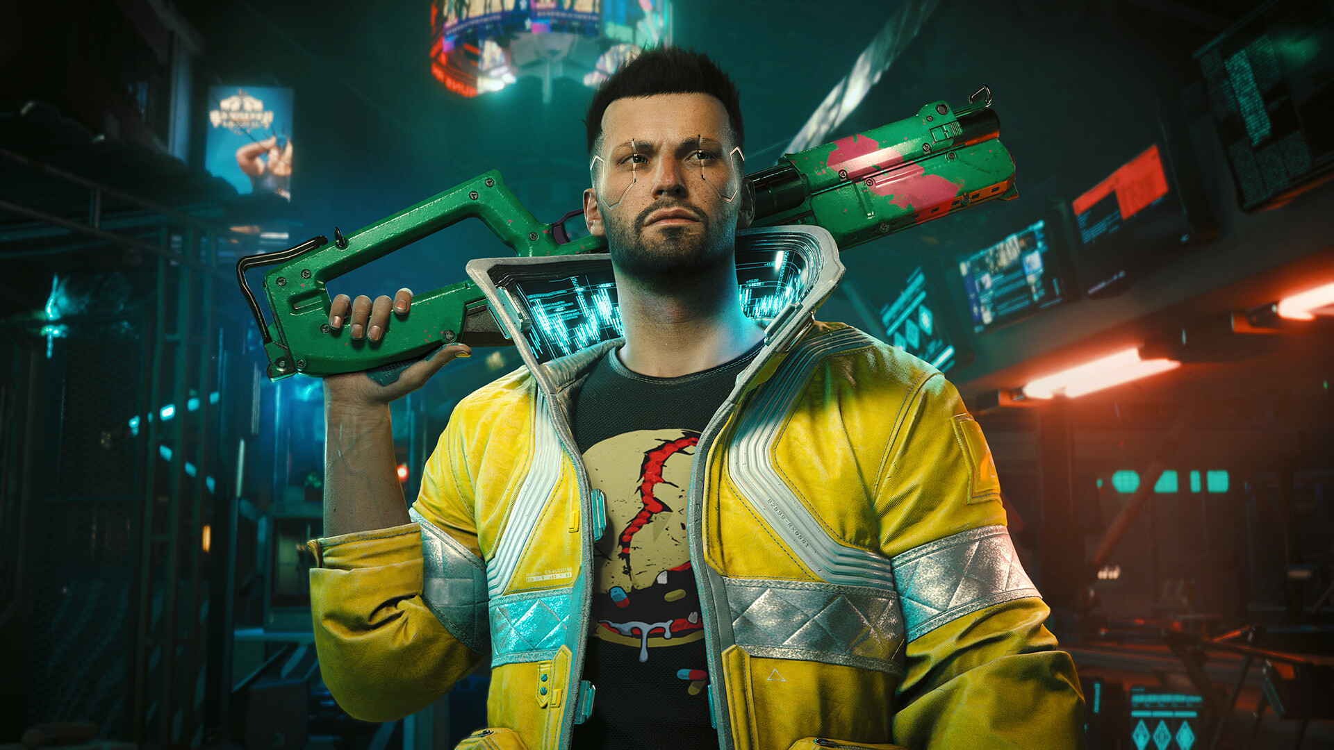 Cyberpunk 2077 - V con un arma pesada apoyada en el hombro en un taller de Night City - Juegosrpg.com