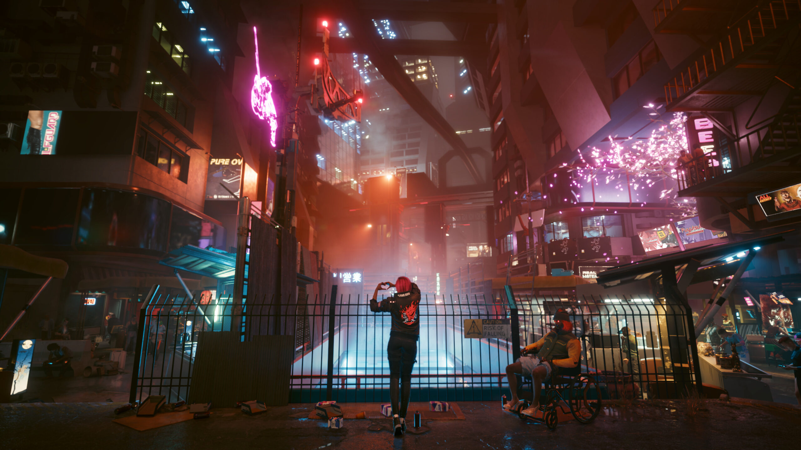 Cyberpunk 2077 - Calle de Night City iluminada de neón por la noche - Juegosrpg.com