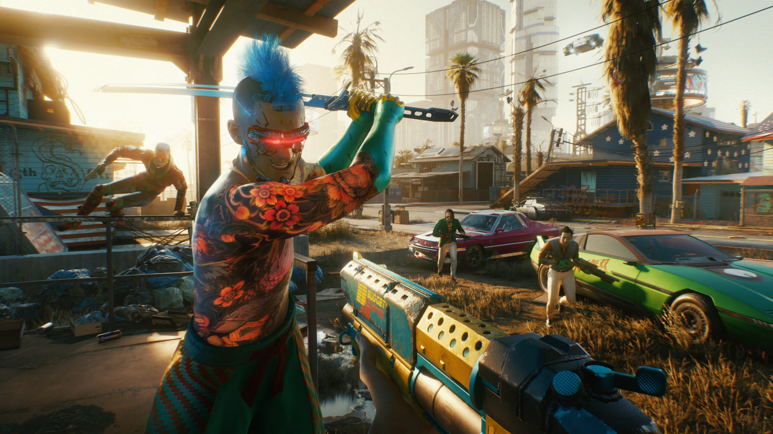 Cyberpunk 2077 - Combate callejero con arma automática entre coches en Night City - Juegosrpg.com