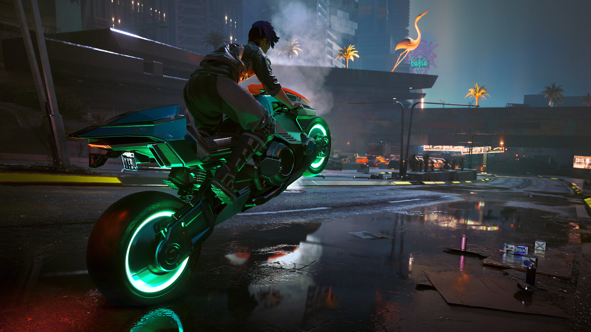 Cyberpunk 2077 - V conduciendo una moto por las calles de Night City de noche - Juegosrpg.com