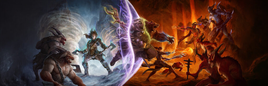 Diablo IV - Arte oficial de la expansión Lord of Hatred con el bárbaro, el druida y el hechicero enfrentándose a demonios - Juegosrpg.com