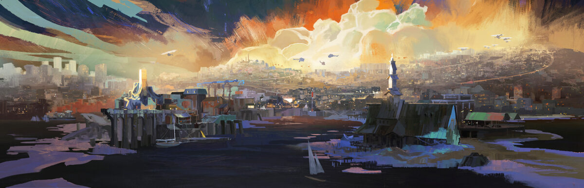Disco Elysium - vista panorámica ilustrada de la ciudad de Revachol - Juegosrpg.com