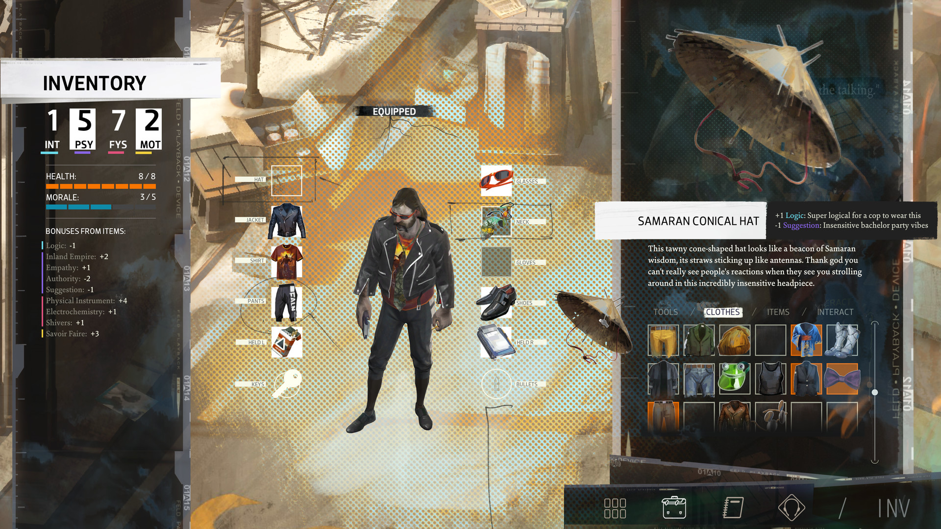 Disco Elysium - pantalla de inventario con el detective equipado y sus bonificaciones de ropa - Juegosrpg.com
