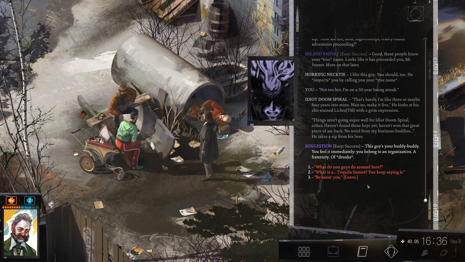 Disco Elysium - conversación con opciones de diálogo y una habilidad hablando - Juegosrpg.com