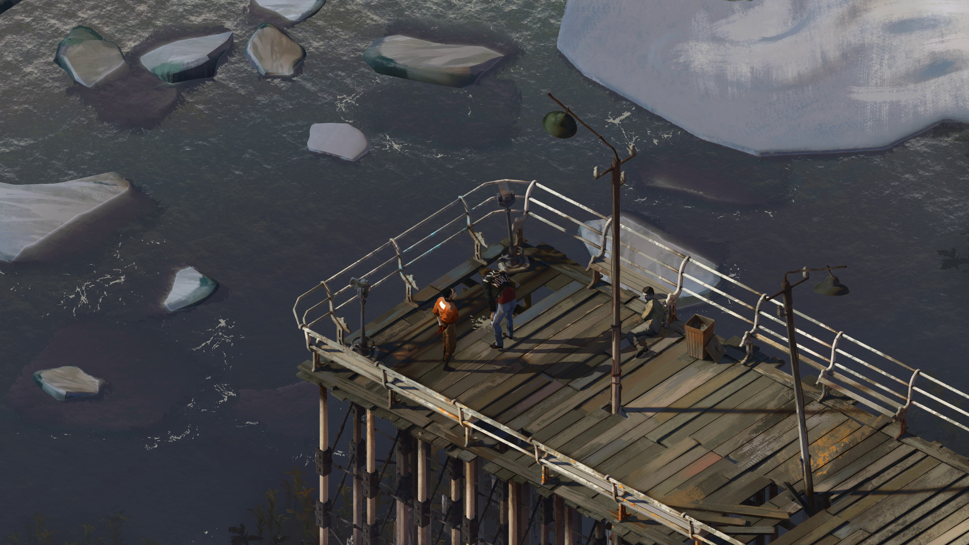 Disco Elysium - muelle helado junto al mar con varios personajes - Juegosrpg.com