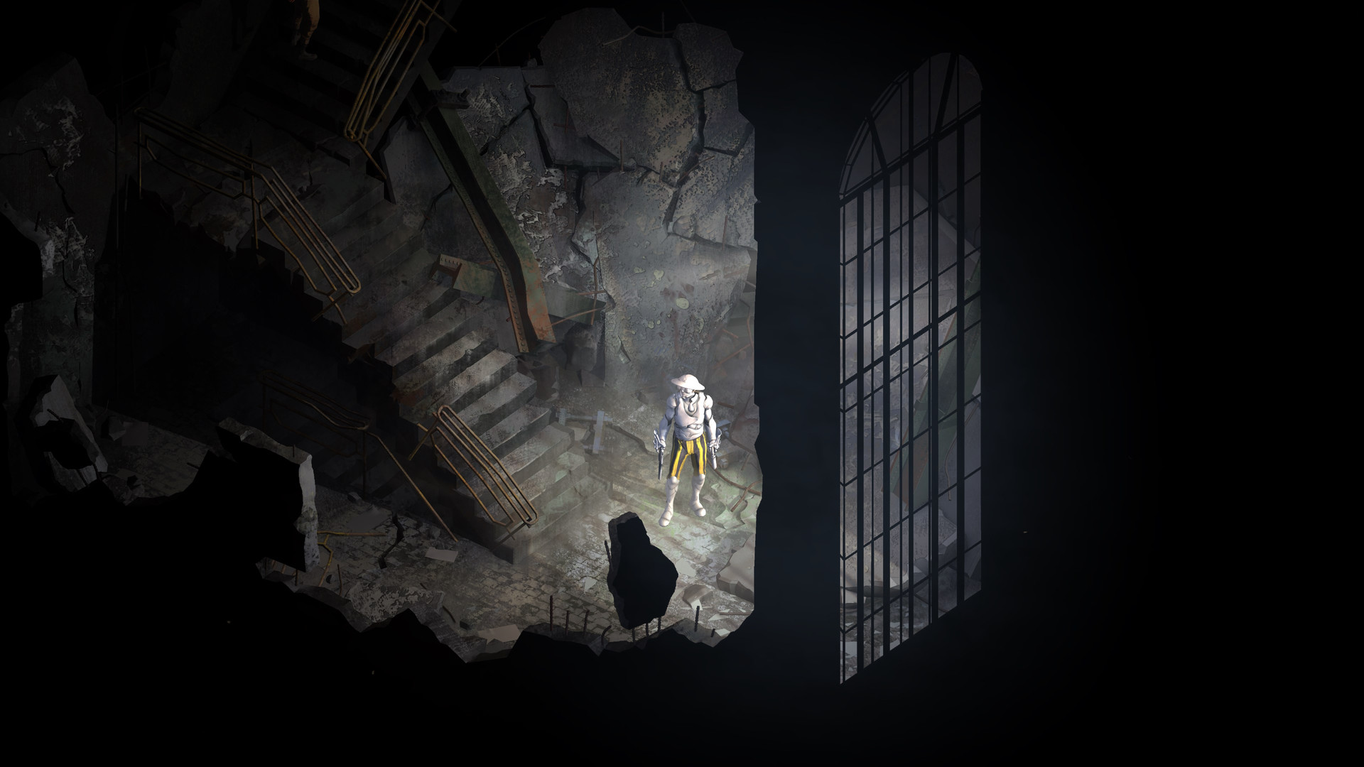 Disco Elysium - interior en ruinas con una figura bajo una escalera - Juegosrpg.com