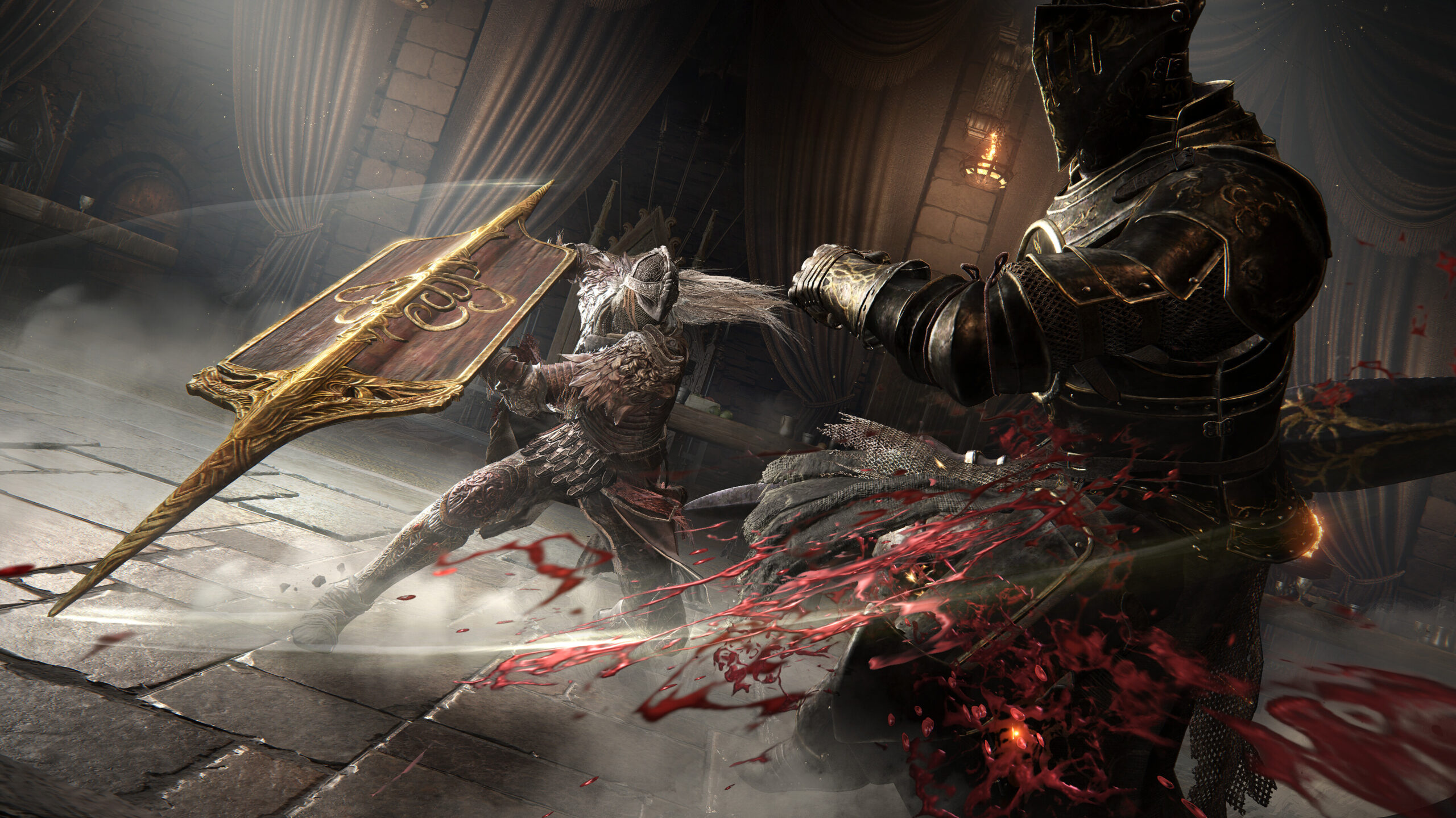 Elden Ring Shadow of the Erdtree - Combate cuerpo a cuerpo contra un enemigo con un gran escudo dorado - Juegosrpg.com
