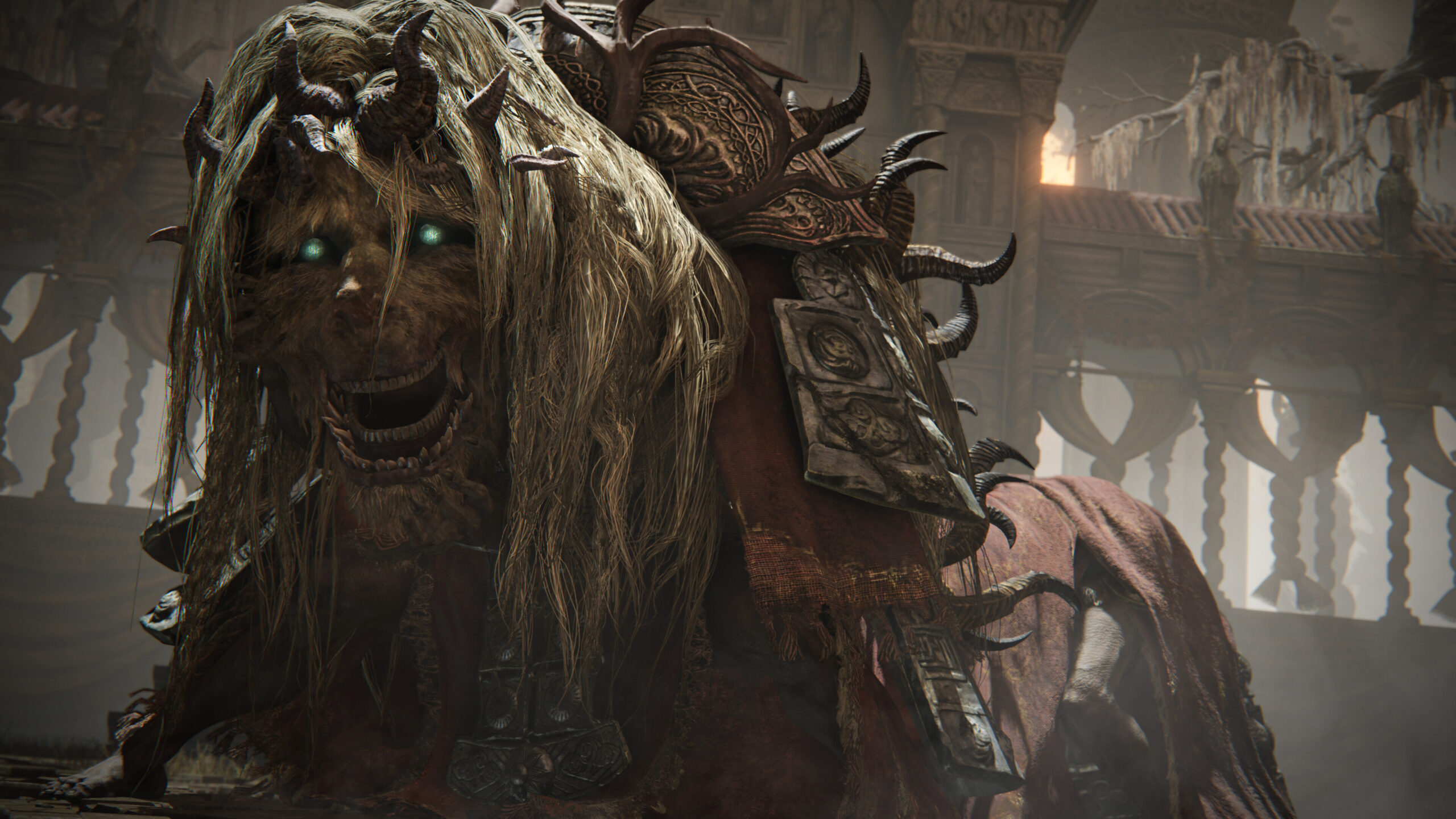 Elden Ring Shadow of the Erdtree - Enorme criatura con aspecto de león de ojos brillantes en un salón en ruinas - Juegosrpg.com