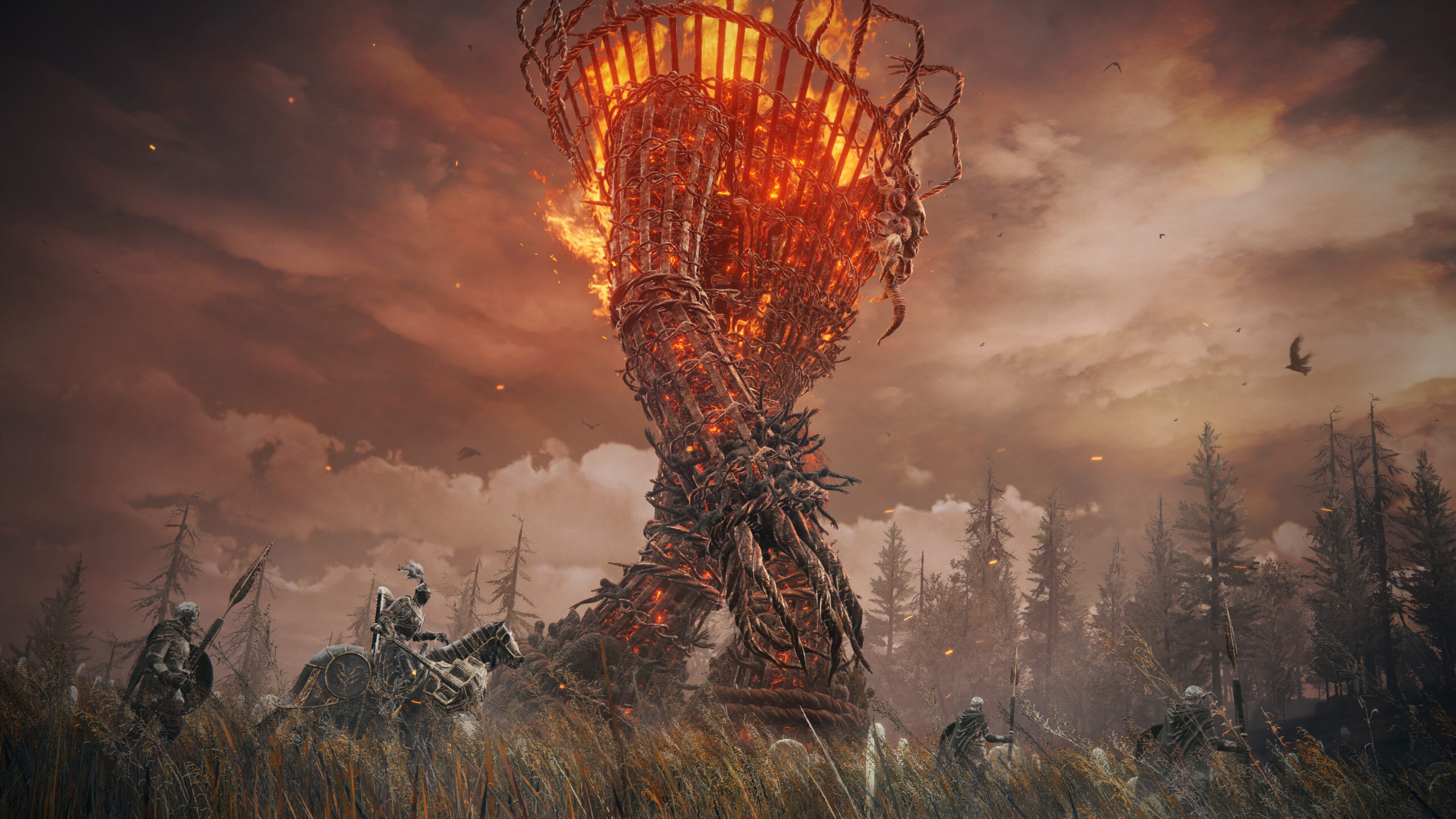 Elden Ring Shadow of the Erdtree - Torre de espinos en llamas sobre un campo con jinetes - Juegosrpg.com