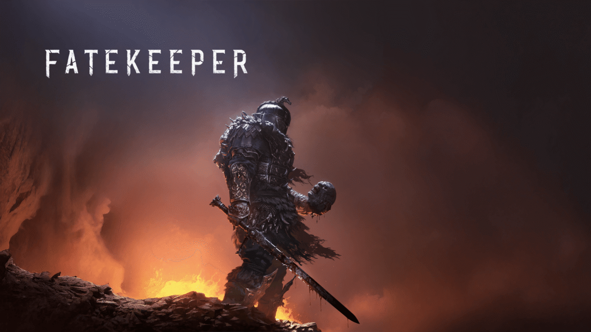 Fatekeeper - Arte oficial del guerrero con espada envuelto en fuego y humo - Juegosrpg.com