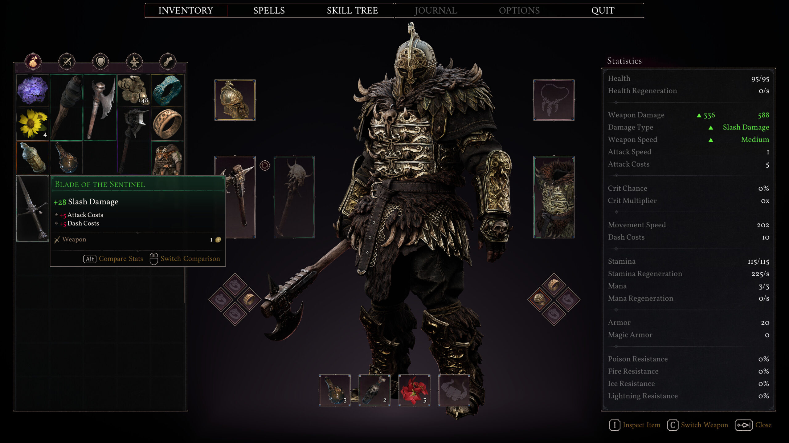 Fatekeeper - pantalla de inventario con el personaje equipado y sus estadísticas - Juegosrpg.com