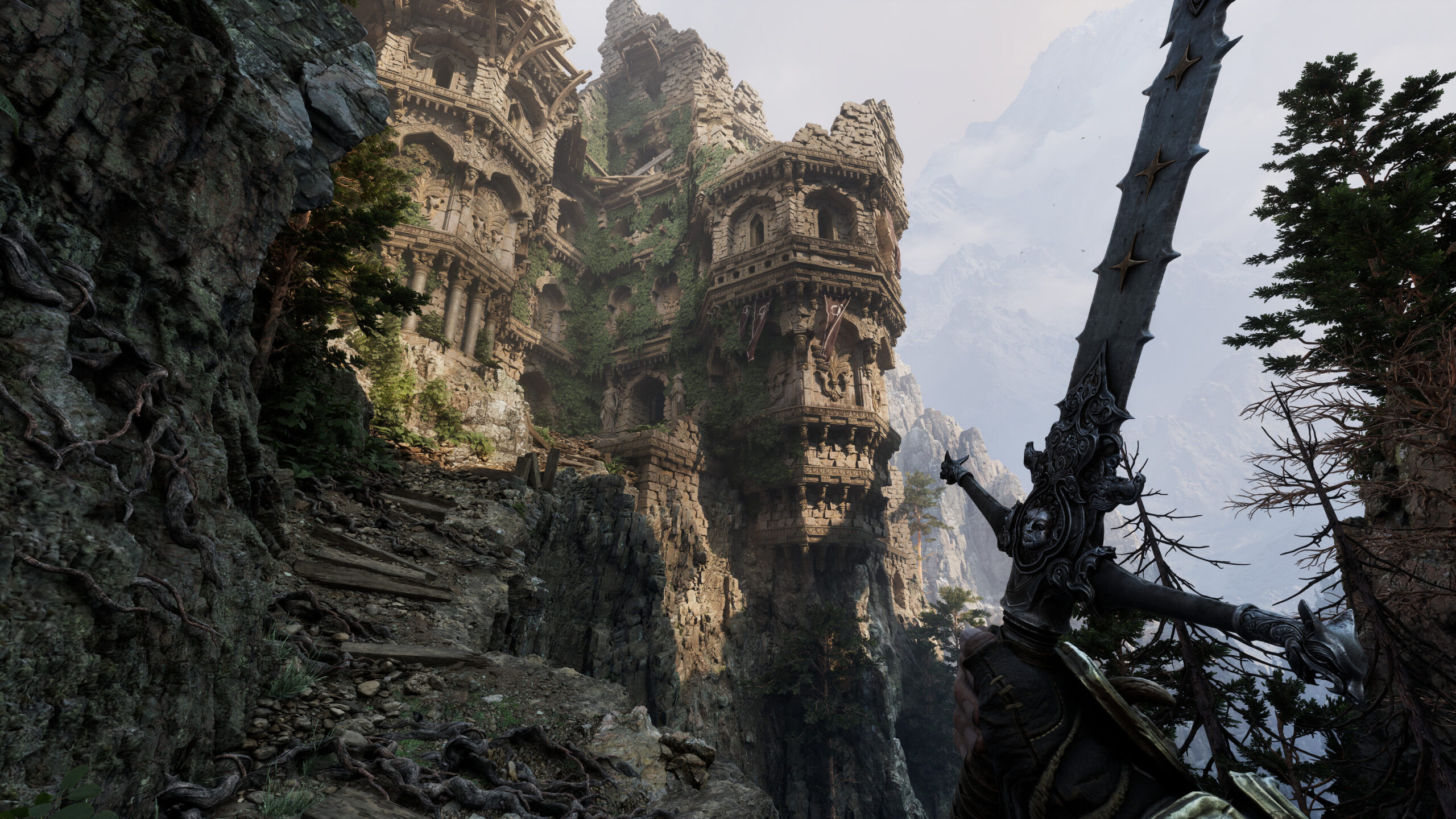 Fatekeeper - torre en ruinas sobre un acantilado con la espada en primer plano - Juegosrpg.com
