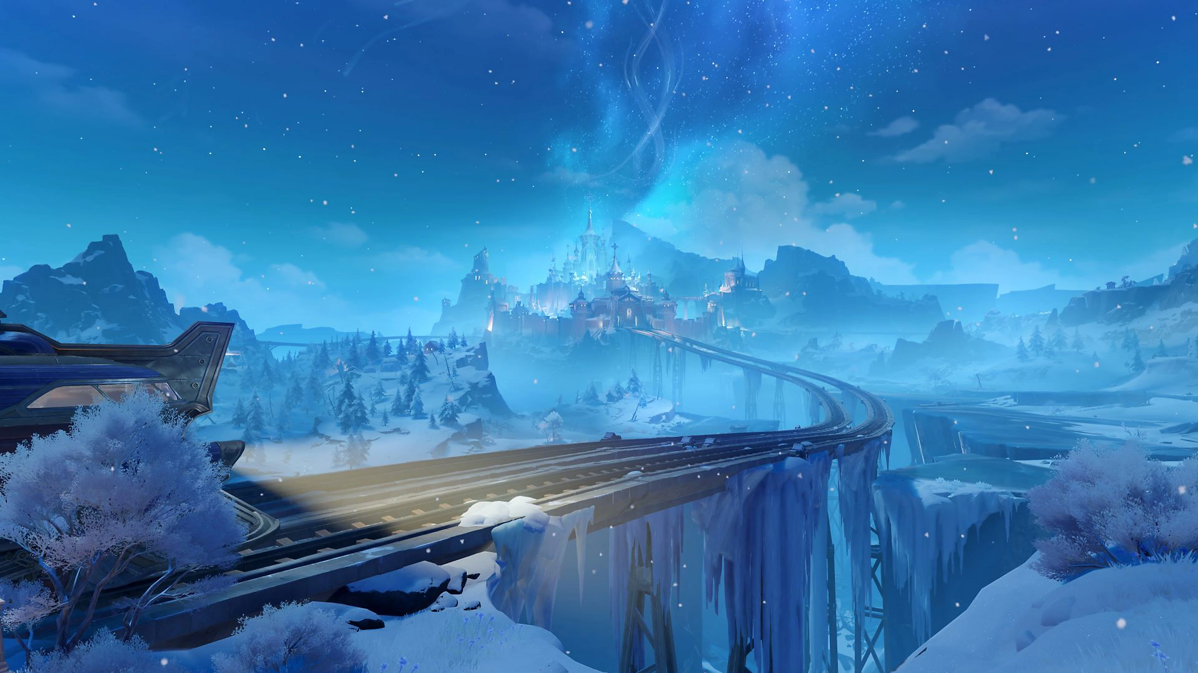 Genshin Impact - Tren avanzando de noche hacia una fortaleza nevada en Snezhnaya - Juegosrpg.com