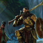 Enshrouded - tres aventureros junto a una cascada en la selva - Juegosrpg.com