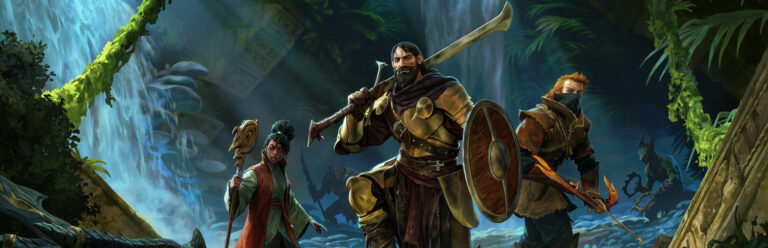 Enshrouded - tres aventureros junto a una cascada en la selva - Juegosrpg.com