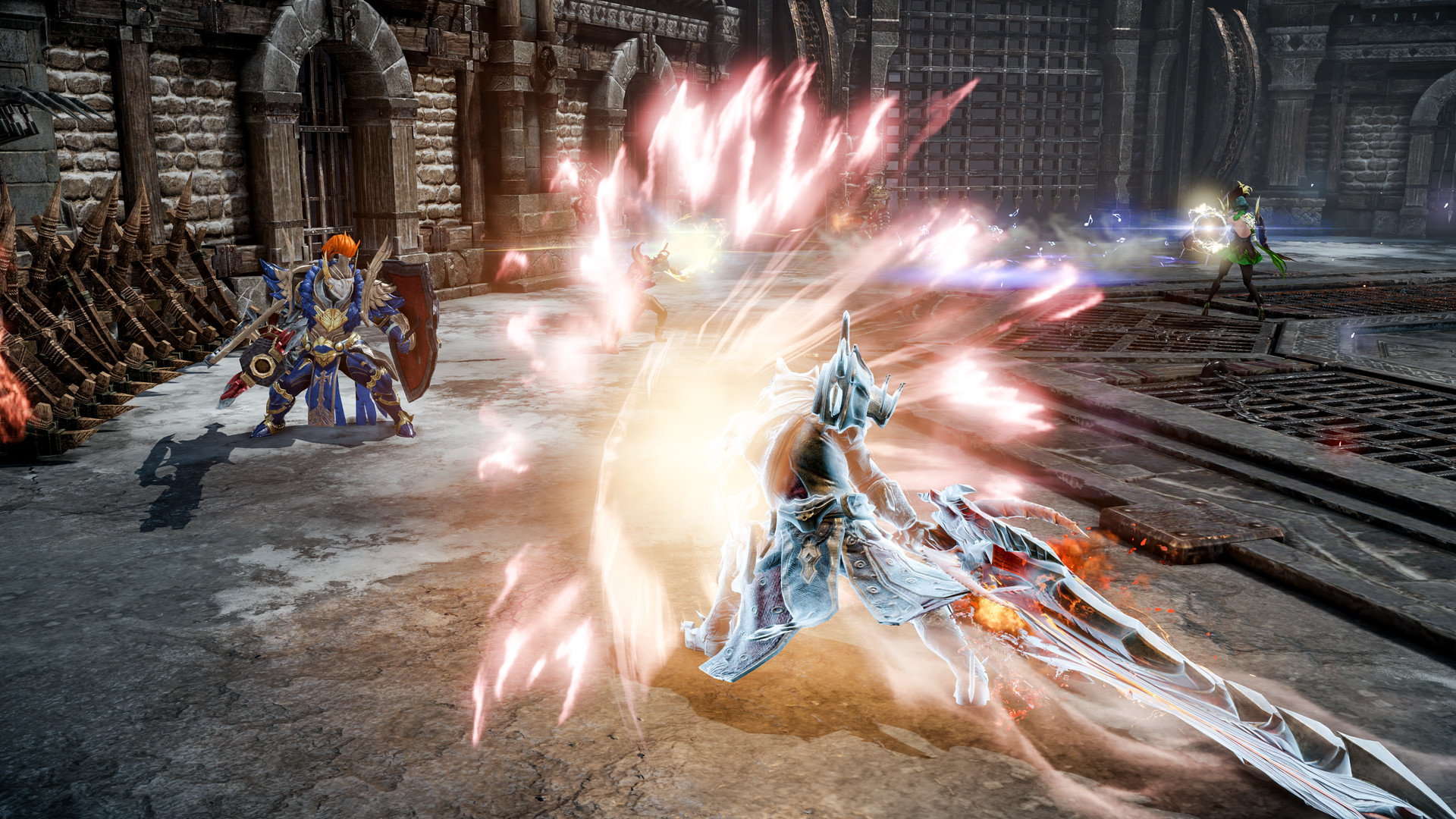 Lost Ark - Combate con efectos de habilidad en un patio de piedra - Juegosrpg.com