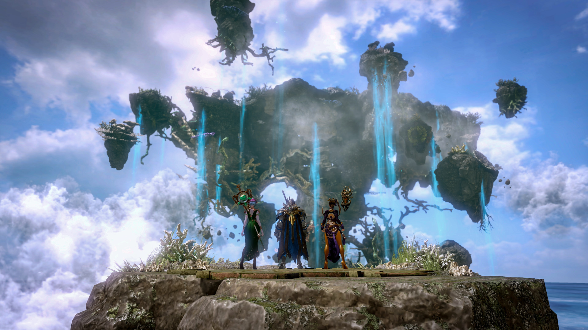 Lost Ark - Grupo de personajes contemplando islas flotantes en el cielo - Juegosrpg.com