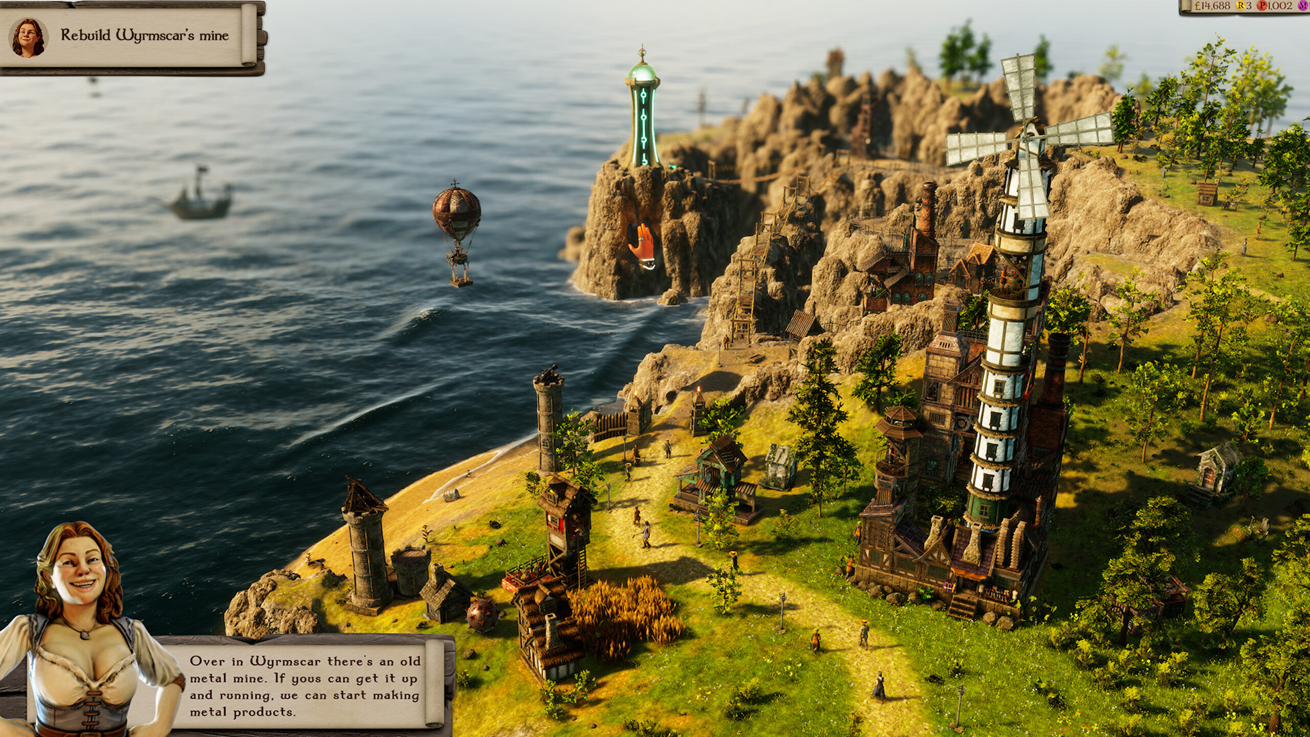 Masters of Albion - vista aérea de una aldea costera con molino de viento y torres de vigilancia - Juegosrpg.com