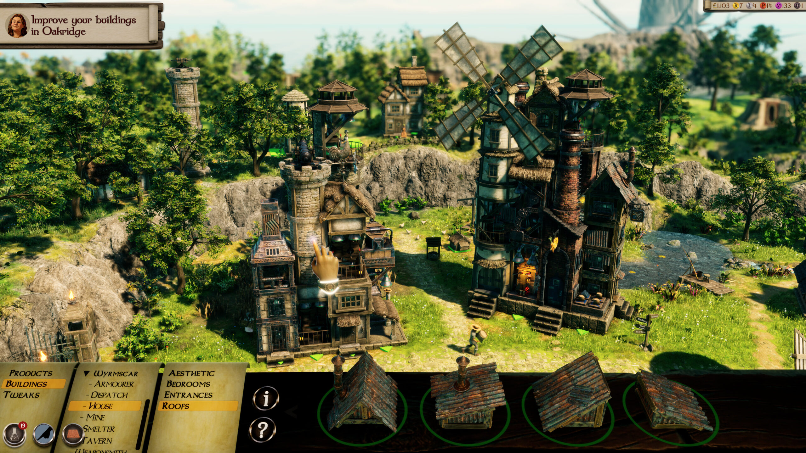 Masters of Albion - edificios de la aldea con la mano divina interactuando con una torre - Juegosrpg.com