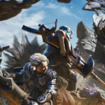 Monster Hunter Wilds - arte oficial de cazadores enfrentando a un monstruo - Juegosrpg.com