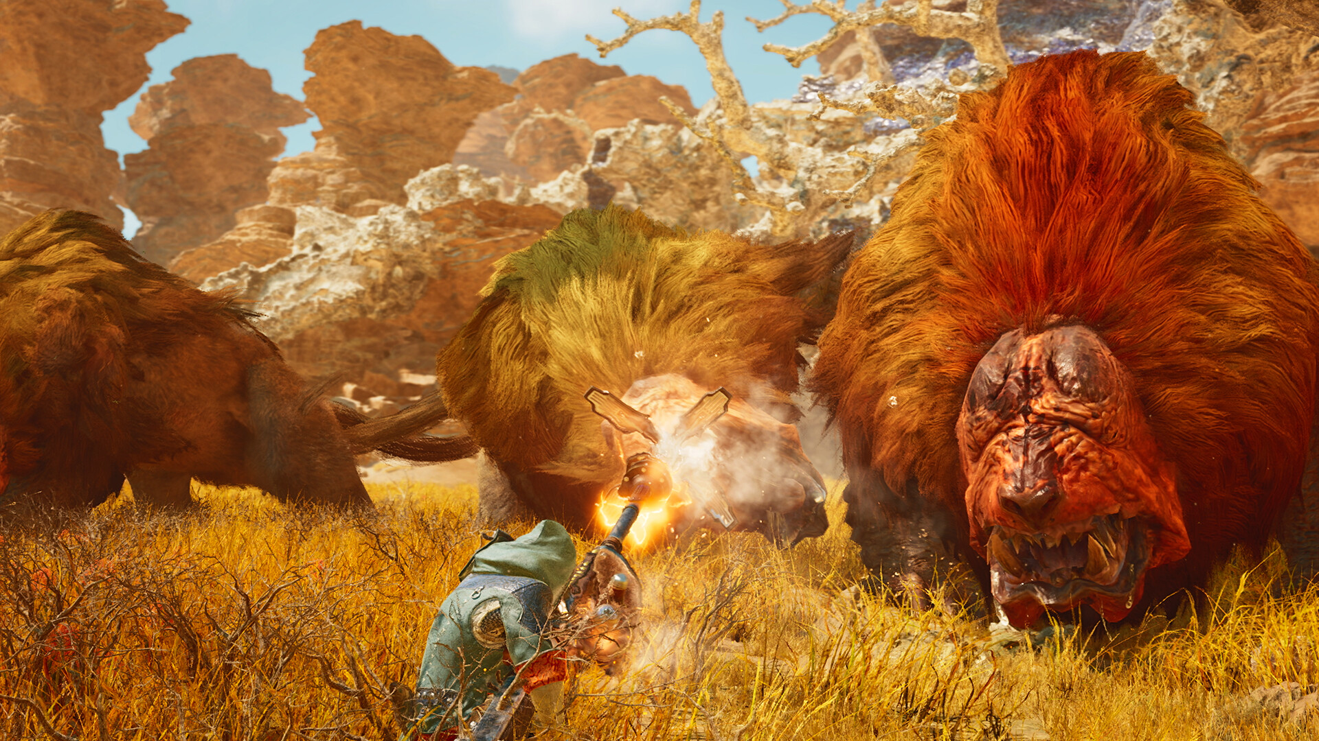 Monster Hunter Wilds - Combate contra una manada de Doshaguma en la sabana - Juegosrpg.com